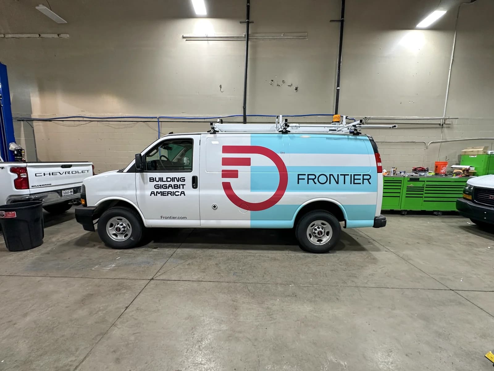 Frontier Communications service vehicle with fleet vinyl graphics installed